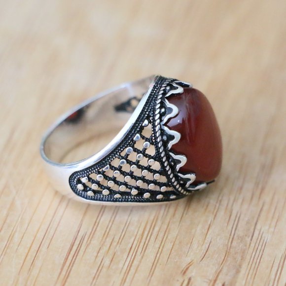 925 Sterling Silver Men's Rings with Red Agate - Picture 10 of 10